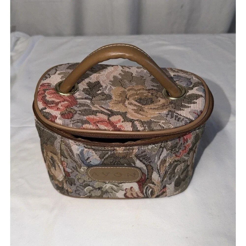 VTG Avon Floral Tapestry Cosmetic Bag Toiletries Travel Case Zip Closure